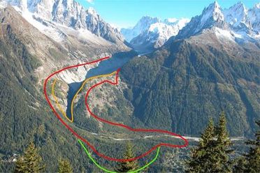 L'extension de la Mer de Glace à trois époques. En 1644 (courbe verte), elle était à son maximum. Entre 1821 (en rouge) et 1895 (en orange), le glacier a reculé de 1,2 kilomètres. © Samuel Nussbaumer/FNS